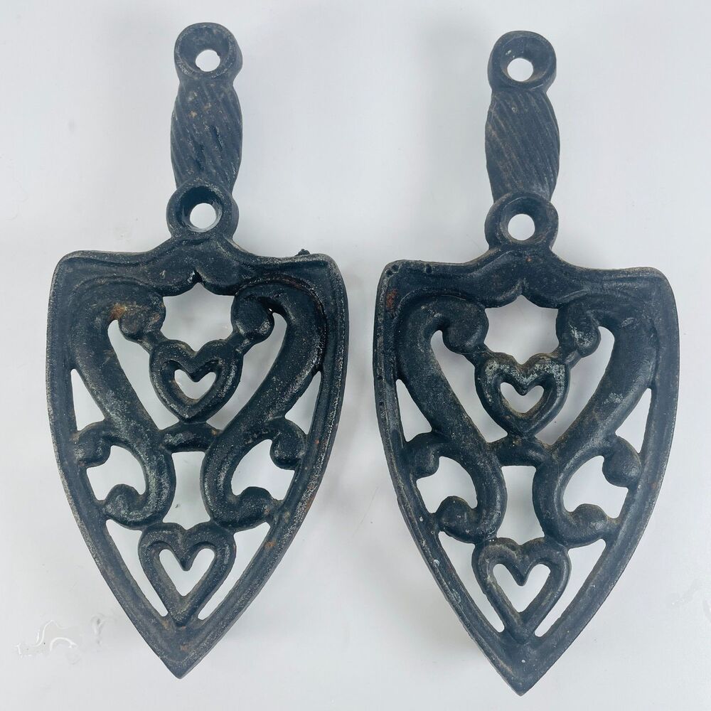 Antique Cast Iron Trivet Swan & Hearts Design Black Metal 8" Vintage Kitchenware